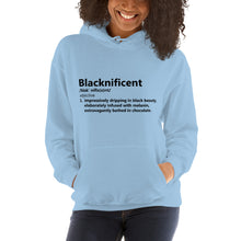 Load image into Gallery viewer, Blacknificent Unisex Hoodie w. black writing