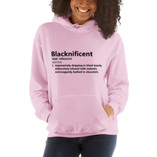 Load image into Gallery viewer, Blacknificent Unisex Hoodie w. black writing