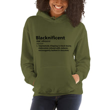 Load image into Gallery viewer, Blacknificent Unisex Hoodie w. black writing