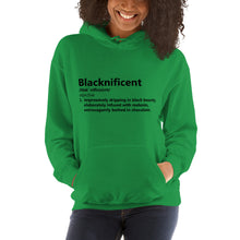 Load image into Gallery viewer, Blacknificent Unisex Hoodie w. black writing
