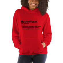 Load image into Gallery viewer, Blacknificent Unisex Hoodie w. black writing
